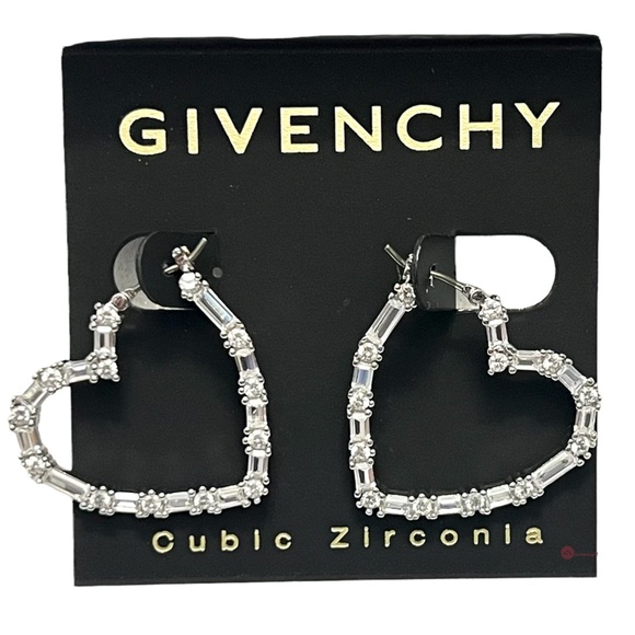 GIVENCHY Silver Pave Baguette CZ Crystal Heart Shaped Hoop Hook Earrings - Picture 5 of 11